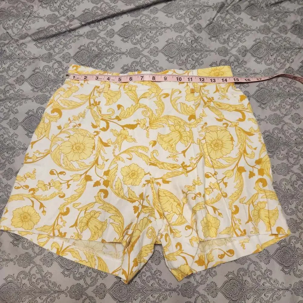 Yellow White Floral Baroque Print Linen Blend Shorts Size US 8